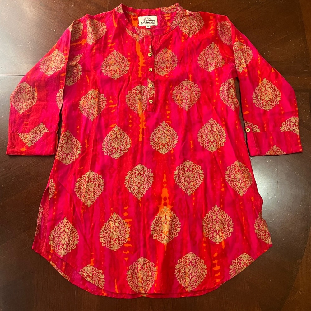 Sabhyata Tunic Top XL Pink Orange Gold Metallic Block Print Tie Dye Boho Kurta